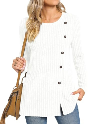 TAOHUADAO Women's Long Sleeve Jumpers Crewneck Tunic Tops with Button Sides Loose Casual Fall Sweater Shirts for Leggings S, White