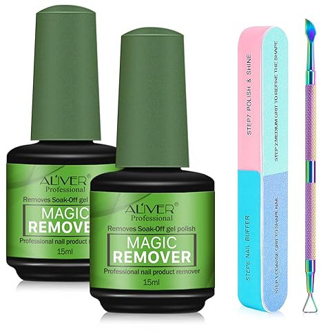 Solvente per Smalto 2 pacchi con Spingi Cuticole e lima per unghie, Remover Semipermanente Unghie, Gel Remover per Smalto, Rimuove Facilmente e Rapidamente lo Smalto in 3-5 Minuti