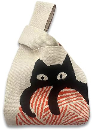 Women's Knit Wrist Bag, Fashionable and Minimalist Small Handbag, Portable Canvas Bag, Suitable for Shopping, Work (Cat)