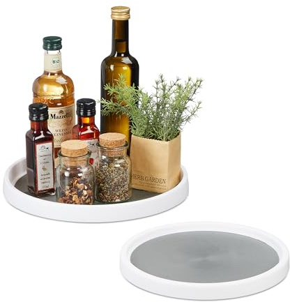 Relaxdays Drehteller, 2-TLG. Set, Ø 25 & 30 cm, drehbarer Kühlschrank Organizer, Badorganizer, Gewürzregal, weiß/grau