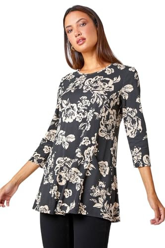 Roman Originals Swing Top with Pockets for Women UK Ladies Hanky Hem Asymmetric Tunic Blouse Longline Long Stretch Jersey Casual Round NeckTee Shirt T-Shirt - Black Cream - Size 12