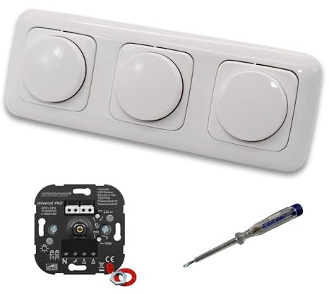 EBROM 1002 Universal PRO (3 Stück) LED Drehdimmer Dimmer + Busch Jäger Dimmerscheiben 2115-214 in ReflexSi alpinweiß glänzend im 3-fach Rahmen inkl. EBROM Phasenprüfer zur Montage der Geräte