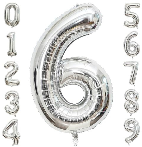 PatiCool Zahlen Luftballon 6 Silber, 100cm - 40 Zoll Luftballons Geburtstag, XXL Riesen Folienballon 6 Silber Geburtstagsdeko, Helium Ballons Zahlen 6 für Frau Mann Jahrestag Deko