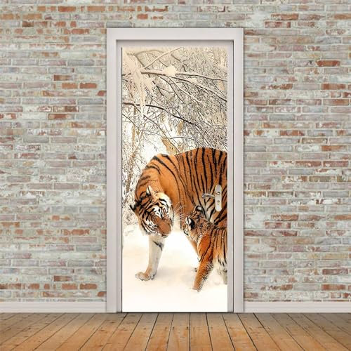 TürPoster Tiger Schneelandschaft 3D Türaufkleber PVC Türfolie Türtapete Selbstklebend DIY Türbild für Küche Schlafzimmer Dekoration, 47.5x215cmx2pcs