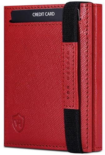 VON HEESEN Slim Wallet mit Münzfach & RFID Schutz - Leder Geldbörse Herren klein - Mini Geldbeutel Damen Portmonee - Kartenetui Echtleder Karten Portemonnaie - Kreditkartenetui Saffiano Rot