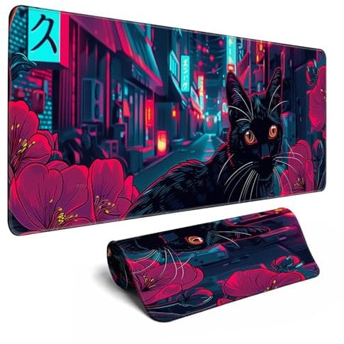 Japanese Black Cat Mouse Desk Pad Kawaii Red Anime Desk Mat Desk Decor Large Gaming Mouse Pad for Tokyo Neon Desk Mousepad Computer Office Keyboard Laptop Big Floral Mouse Pad Xl-31.5x11.8 in