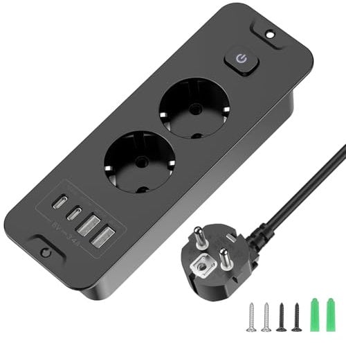 Versenkbare Steckdose 2 Fach, Einbau steckdosenleiste mit 4 USB, Einbausteckdose Mehrfachsteckdose, Tischsteckdose mit 2 USB C, Tischplatte Versenkte Steckdose - 2M Kabel Schwarz Black