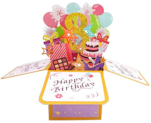 Happy 8th Birthday 8. Geburtstag Pop Up Karte für Mädchen, 8 Jahre alte Geburtstags Geschenk Idee für Tochter Nichte, lustige 8. Geburtstag 3D Grußkarte für sie