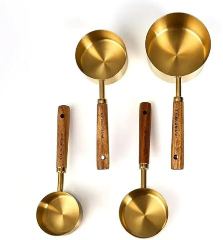 4-Piece Stainless Steel Measuring Cups Set with Wooden Handles – Engraved Measurement Cups for Baking and Kitchen Use, Stylish and Durable Measure Cup Set, Gold