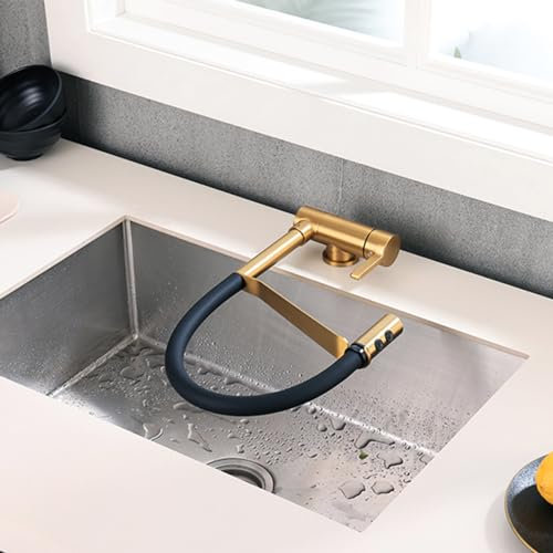 DRFGHK Vorfenster Küchenarmatur mit Brause Gebürstetes Gold Dual-Modus Vorfenster Armatur Klappbar Einhebelmischer Küche Wasserhahn Flexibel Küche