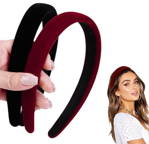 FloralGrace Lot de 2 élastiques à cheveux en velours noir pour femme, bandeau rougeâtre, larges bandeaux en velours pour filles, élastiques à cheveux tendance pour femmes, confortables et élégants