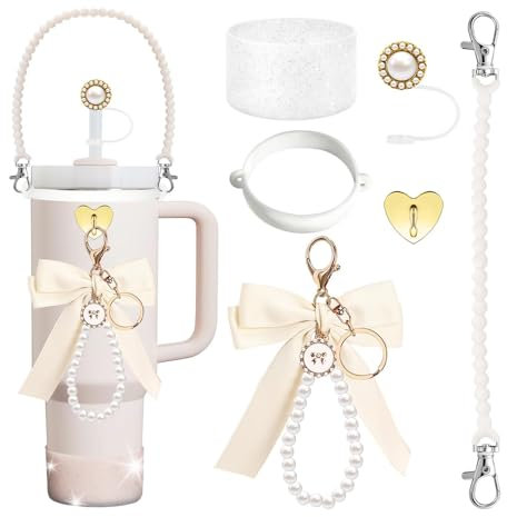 TTPSRY 6 Pièces Ensemble Accessoires Paille Réutilisable Nœud Papillon Perle Décoration Bouteille Gobelet Mousqueton Porteclés Charme Bijoux