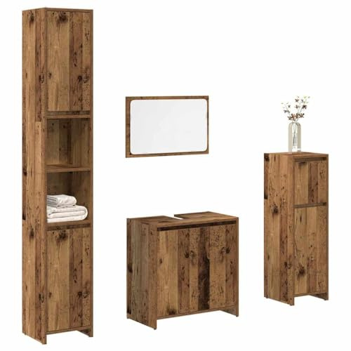 Myheimly 4-TLG. Badmöbel-Set Spiegel Unterschrank Badschrank Midi Schrank Hochschrank Waschbeckenunterschrank Badezimmermöbel Altholz-Optik Holzwerkstoff