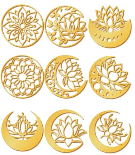 craspire 9 Stück Mondphasen Boho Metallaufkleber In Gold 1,5 x 1,5 Zoll Lotus Mandala Wasserfest Selbstklebend Nickel Dekorationsaufkleber Für Sammelalben DIY Harzbasteleien Herstellung