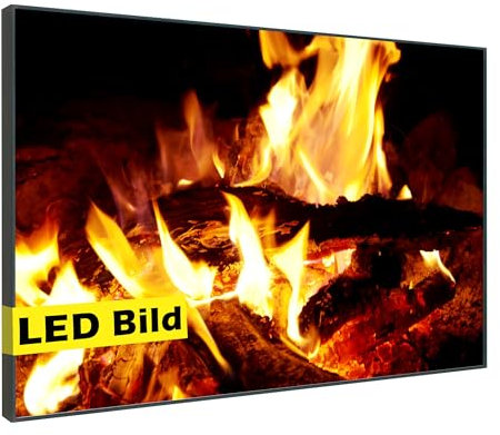 Leuchtbild I Kamin Feuer I LED Wandbild Leinwand mit Leuchtrahmen Made in Germany (Kamin Feuer LED Leuchtbild, 75x50 cm, Rahmen: Holz Flora)