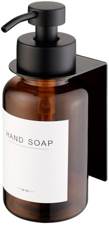 Glas Seifenspender mit Wandhalterung selbstklebend | Edelstahl-Pumpspender für Flüssigseife | Spülmittelspender ohne Bohren 400ml (Braun/Schwarz)