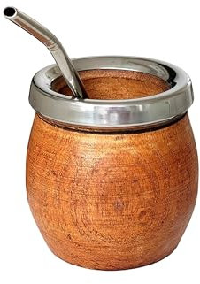 Taza Mate Argentino Natural Hecho a mano en Madera de Algarrobo con Borde de Acero Inoxidable, Mate con bombilla, Gourd mate mug, Estilo Barril