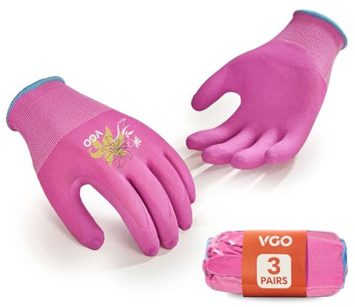 Vgo... 3 Paar Damen Gartenhandschuhe - Latex beschichtet Rutschfest, Atmungsaktiv & Langlebig für Outdoor, Bau, DIY | Maschinenwaschbar, Flexible Passform (3Paar/M/Magenta/RB6013-G)