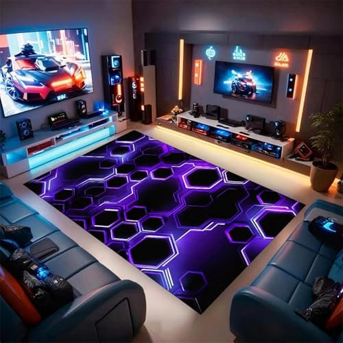 OUZUIU Gaming Rugs for Boys' Rooms, Washable Faux Cashmere, Cool Neon Honeycomb Pattern, Non-Slip Rugs for Kids' Rooms, Gaming Room Decoration, Black Purple 50x140cm carpet