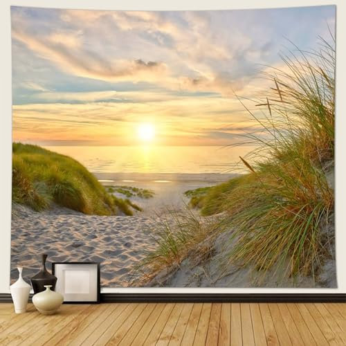 Musihy Strand Tapisserie Wandbehang, 150x130cm Meeresstrand und SonnenuntergangslandschaftWandteppiche für Wohnzimmer, Wohnkultur, Gelb-grün Beige