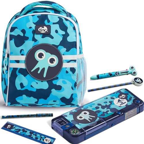 Tinc Kids Backpack School Bag + Compartment Pencil Case + Multicolour Ballpoint Pen | Adjustable Straps + Bottle Holder | for School, Home, Boys & Girls | Tonkin, Camo Blue
