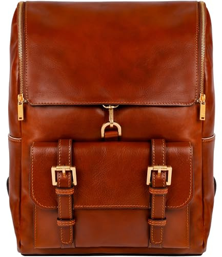 Time Resistance Leather Backpack for Laptop up to 15” - Large Travel Daypack for Men and Women - Unisex Vintage Style Backpack - Full Grain Leather Bag - Italian Leather Everyday Rucksack