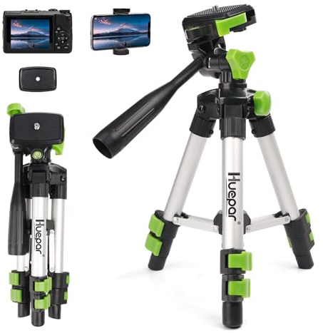 Huepar Trípode Aluminio 50cm para Nivel Láser y Smartphone, Equipado con una Cabeza panorámica de 3 vías, Nivel de Burbuja, Rosca 1/4-20, Soporte para Móvil y Bolsa de Transporte,TPD05A1