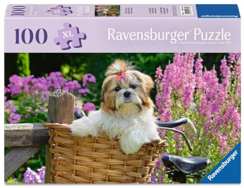 Ravensburger 100 Piece Extra Large Jigsaw Puzzle with Board & Poster – Feel Well & Puzzle range, Sweet Little Dog in Bicycle Basket – Kids & Adults, Dog Lovers Gift