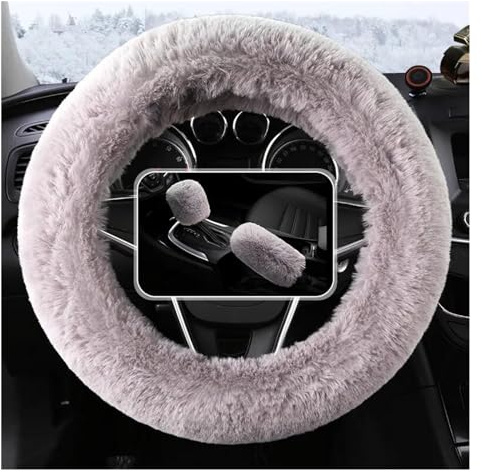 Lenkradbezug Auto Fell Flauschiger Lenkradbezug/Handbremsbezug/Getriebebezug-Set Auto-Innenausstattung Auto-Lenkradbezug Universal Lenkradschutz(Gray)
