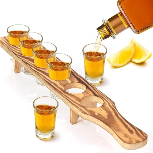 Fhlprte Gläser 6er Set mit Schnapsbrett Holz, 6 Schnapsgläser, Loch: 1.37 in,Klarer Shot Halter Set für Party, Bar, Club, Cocktail