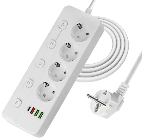 Nzkeuf Multiprise avec Interrupteur Individuel, 4 Prises Multiprise Electrique avec 3 USB-A et 1 USB C, Parasurtenseur MultipriseElectrique, Multiprises avec Cable 2M pour la Maison et Bureau