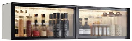 Glasvitrine zur Wandmontage, grau/weiß, Speisekammeraufbewahrung mit Türen, bohrfreie Installation, Hängeaufbewahrung für Küche und Esszimmer (weißA, 100 x 32 x 19 cm)