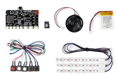 MP3 Soundmodul mit 5 Tasten und bis zu 3 LED-Streifen – 5 Wiedergabemodi, 4 LED-Effekte, USB-C, 128MB Speicher, Wiederaufladbarer Akku, DIY Audio- & Lichtmodul, Modellbau, DIY MP3-Palyer