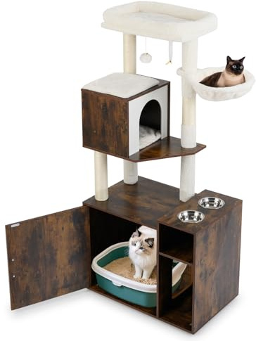 GYMAX Multi-level Cat Tree with Litter Box Enclosure, Wooden Cat Tower with Sisal Scratching Posts & Mat, 2 Feeding Bowls and Dangling Ball, Kitty Activity Center for Indoor Cats (Rustic Brown)