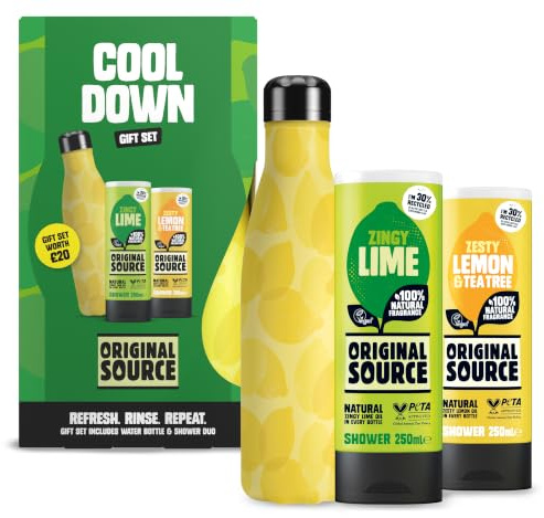 Original Source Cool Down Gift Set with Zingy Lime & Zesty Lemon and Tea Tree Shower Gels with a Stainless Steel Bottle