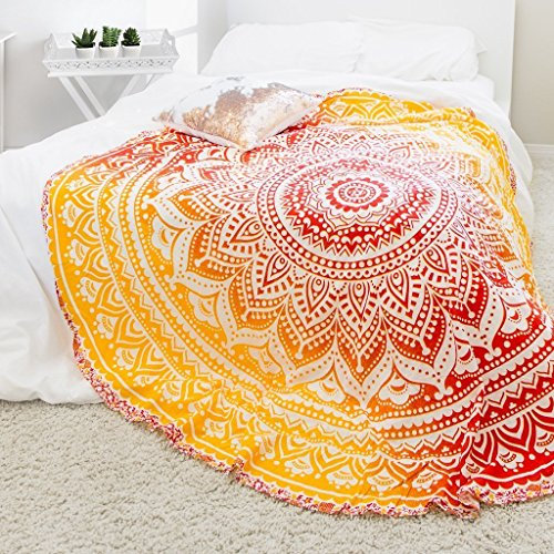 Sophia-Art Indisches Mandala-Motiv, rund, Strandtuch, Hippie, Boho, , Baumwolle, Lotusblüte, rund, Baumwolle, Outdoor, Strandtuch, Roundie (gelbes Ombre)