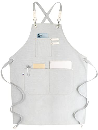 RAPRON Canvas Schürze Herren Damen - Denim Kochschürze mit Taschen - Grillschürze für Männer und Frauen - Lange Schürzen für Kochen arbeits Backen- Geschenk für Küchenchefs, Oma, Opa (Weiß)