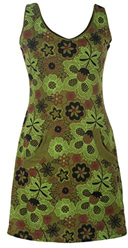 Vishes - Alternative Bekleidung - Ärmelloses Blumenkleid mit Taschen aus Baumwolle Bedruckt und Bestickt Olive 42