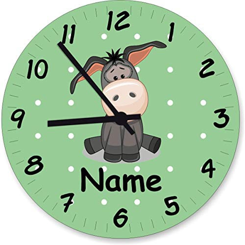Shirtinstyle Wanduhr Kinderzimmeruhr Esel mit Wunschnamen Geschenk Uhr Kinder Handmade, 29cm, Farbe Pastellbgrün