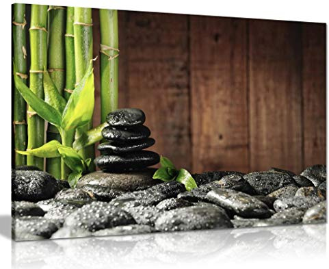 Green Spa Botanical Bamboo Grove Black Zen Stones Old Wooden Background Canvas Wall Art Picture Print (36x24)