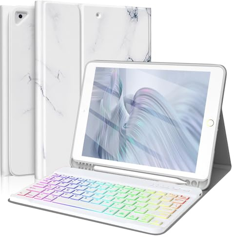 FUWANG Keyboard Case for iPad 9th & 8th Gen - 10.2 inch Keyboard Cover with Detachable 7 Colors Backlit, Stand Folio & Pencil Holder