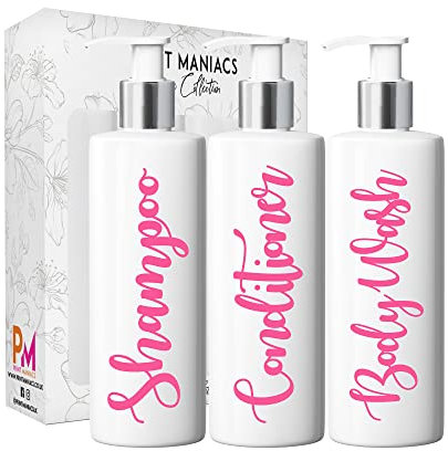Print Maniacs 3 Set Mrs Hinch Inspired White Personalised Dispenser Pump Bottles Shampoo Conditioner Body Wash (Baby Pink)
