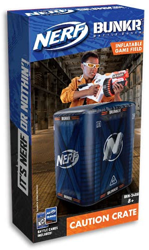 Nerf Bunkr Take Cover Caution Crate - Inflatable Obstacle For Use With All Indoor & Outdoor Battle Zones Game Fields - Features Stability System, 3-Way Valves, Battle Cards, 8+ Years