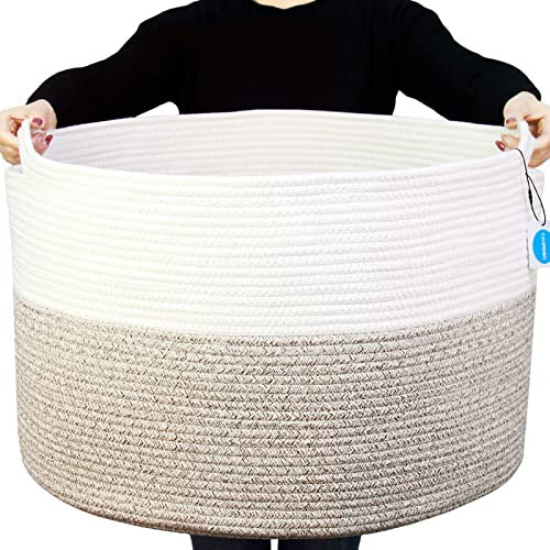 Casaphoria Baumwollseilkorb für Wohnzimmer, gewebter Aufbewahrungskorb mit Griff für Decken, Handtücher und Kissen, Wäschekorb, Weiß und Braun (55,9 x 55,9 x 35,6 cm, XXXL)