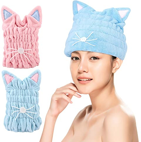 Hileyu 2 Pcs Dry Hair Hat Drying Towels for Women Quick Bath Cap Microfiber Wrap with Cute Cat Ears Super Absorbent Coral Fleece Towel Kids Girls, Pink, 9.44 x 9.05 inch