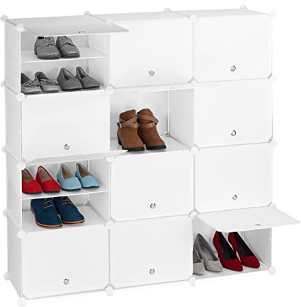 Relaxdays Mueble Zapatero Modular, Armario Organizador Zapatos con Puertas, Estantería Cubo 12 Cajones, Plástico, Blanco, Hierro, 1 Unidad