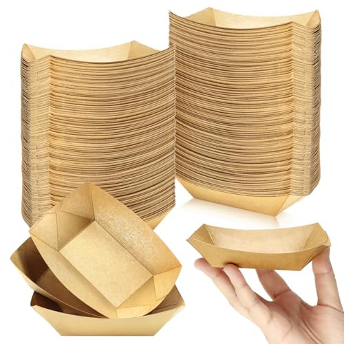 Oomcu 200 Pack 1/4 lb Disposable Kraft Brown Paper Food Boats Nacho Trays - Eco-Friendly Hotdog Trays Bulk Small Serving Trays for Party Snacks, French Fries,Tacos, BBQ, Hot Dogs, Food Trucks Supplies