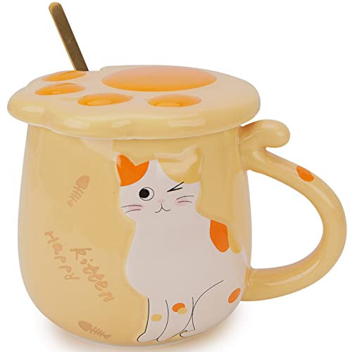 Chase Chic Taza Gato, Linda Taza de Café de Cerámica, Taza de Té con Tapa y Cuchara de Acero Inoxidable, Regalo para Amantes de los Gatos, 420 ml (Amarillo)