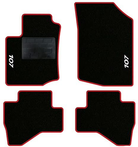 QUEMAR Auto-Fußmatten für Peugeot 107 2005-2014, roter Rand, 2 Stickereien | Fußmatten-Set aus Teppich und Gummi nach Maß / Set 2 vorne + 2 hinten / Stickerei und personalisierte Farben / rutschfest