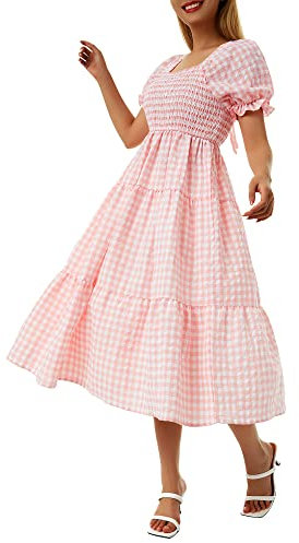 FeMereina Women's Bohemian Summer Plaid Dress Square Neck Puff Sleeve Ruffle Flowy Gingham Beach Long Summer Dress (Pink, Small)